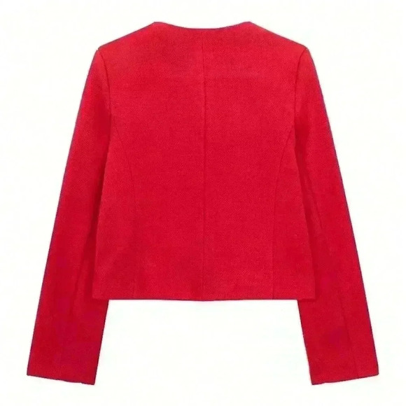 Red Elegant Women's Casual Tweed Jacket Decorated Long Sleeves Coat - Picture 5 of 8